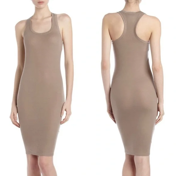 bcbg ribbed tank dress New BCBG Classic Tan Ribbed Knit Sleeveless Bodycon Midi Razorback Tank Dress M